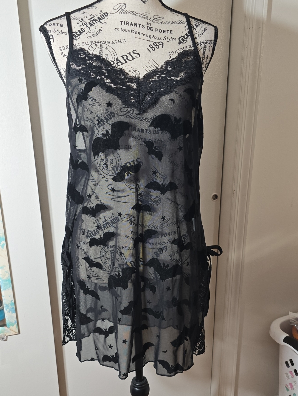 Sheer Black Flocked Bat Chemise - Women Intimates & Sleepwear